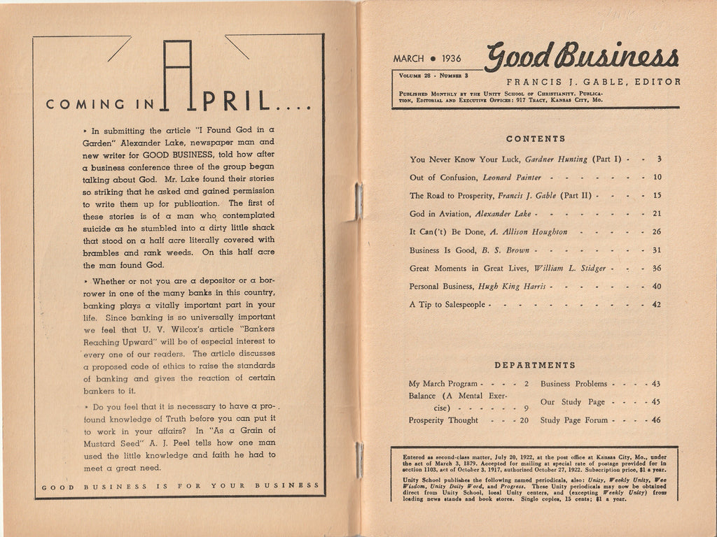 Good Business - The Unity School of Christianity - March, 1936 - Magazine Booklet - Table of Contents