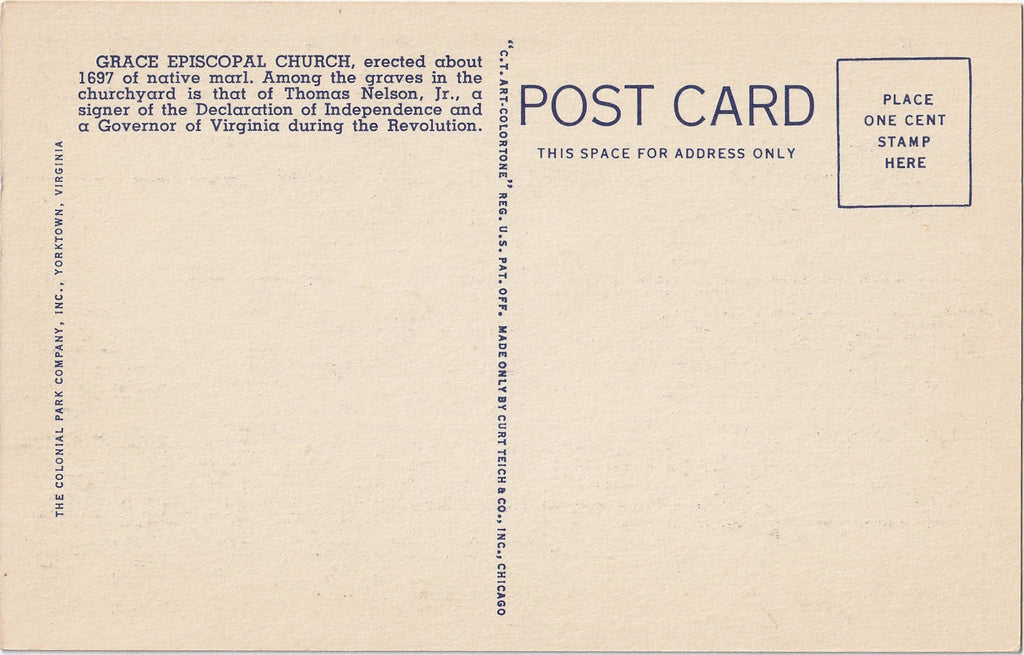 Grace Episcopal Church Yorktown Virginia Postcard Back