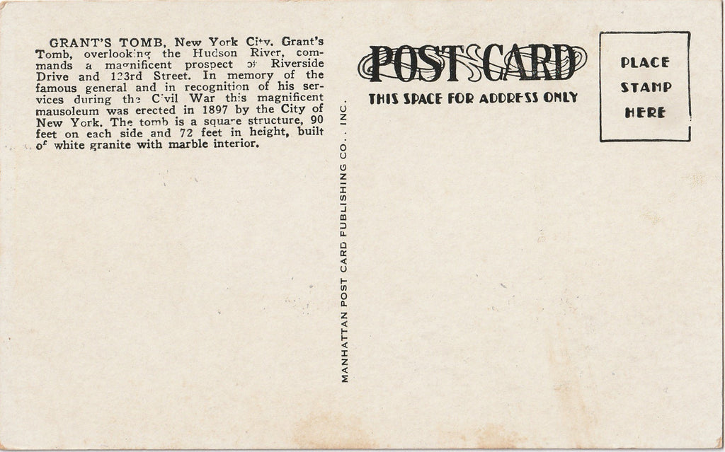 Grant's Tomb New York City Antique Postcard Back