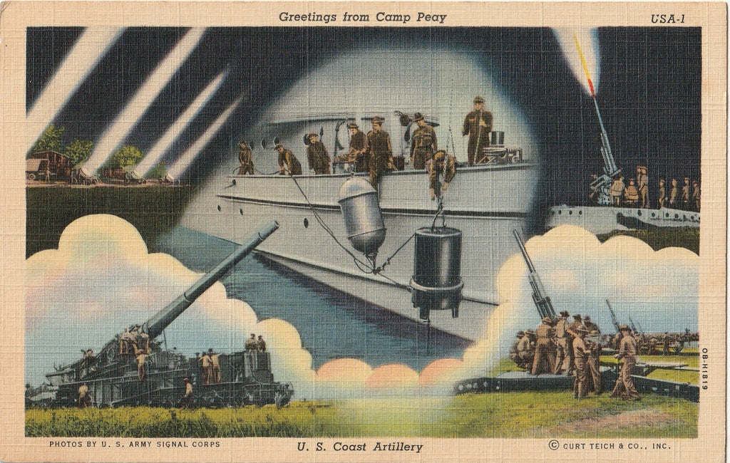 Greetings From Camp Peay - U.S. Coast Artillery - U.S. Army Signal Corps - Postcard, c. 1940s