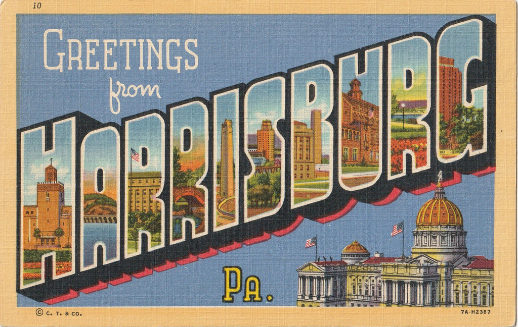 Greetings From Harrisburg, PA.- Large Letter Souvenir - Postcard, c. 1940s