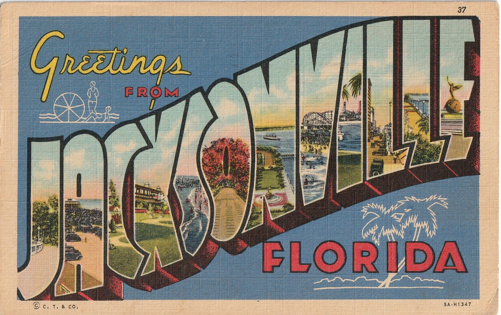 Greetings From Jacksonville, Florida - Large Letter - Postcard, c. 1940s