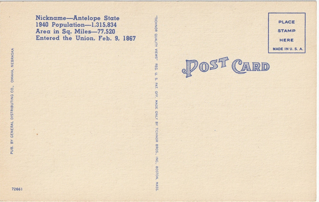Greetings From Nebraska - Large Letter - Postcard, c. 1940s Back