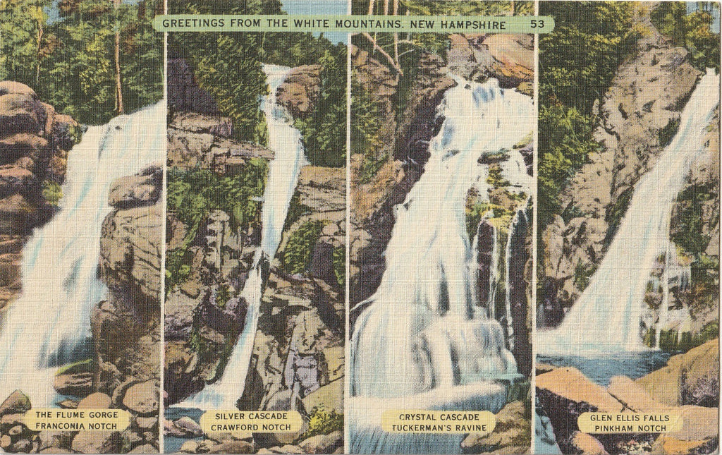Greetings From the White Mountains, New Hampshire - Waterfalls - Postcard, c. 1940s