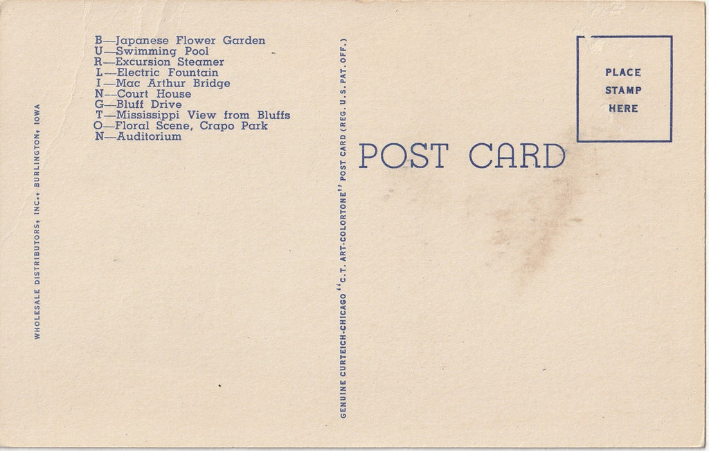 Greetings from Burlington, Iowa - Large Letter Souvenir - Postcard, c. 1940s Back