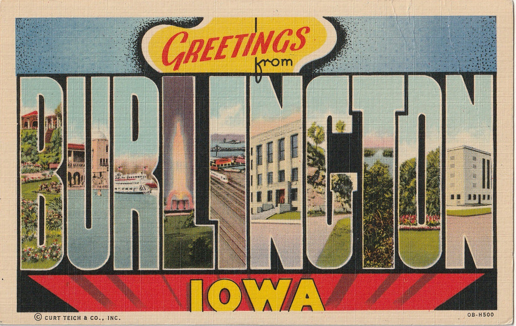Greetings from Burlington, Iowa - Large Letter Souvenir - Postcard, c. 1940s