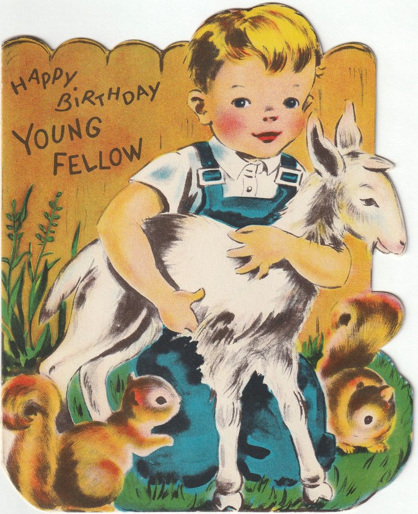 Happy Birthday Young Fellow - Goat and Squirrels - Norcross, Inc. - Card, c. 1950s