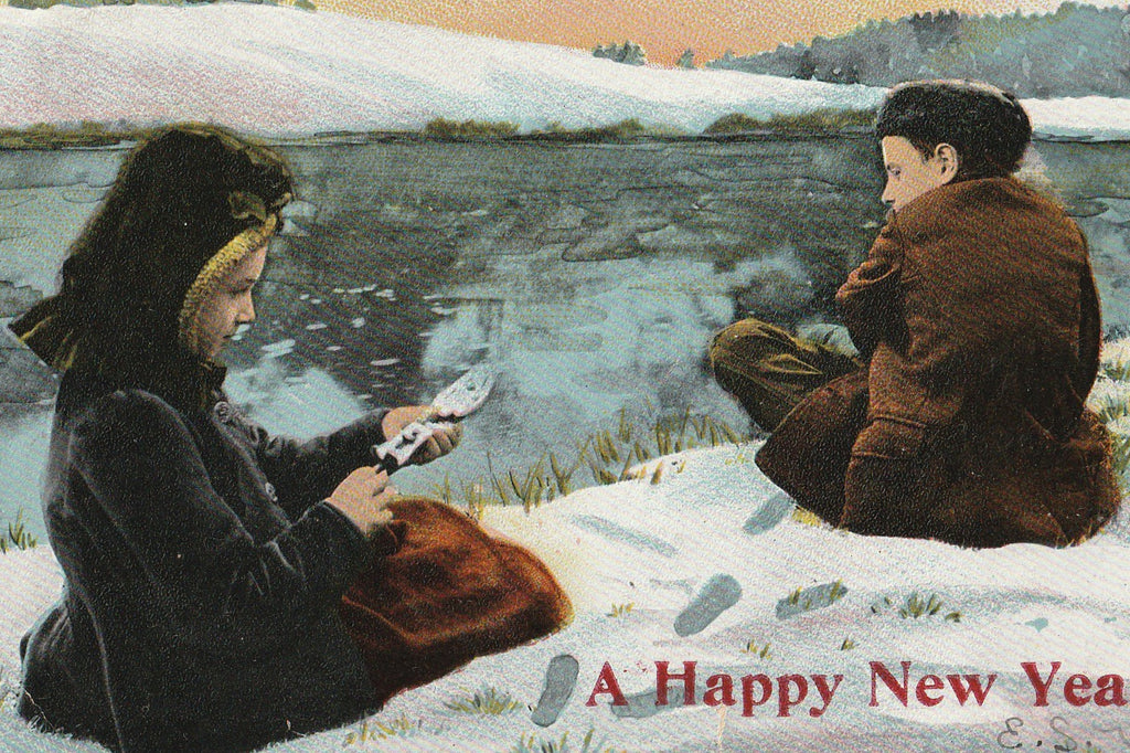 Happy New Year Ice Skaters Antique Postcard Close Up
