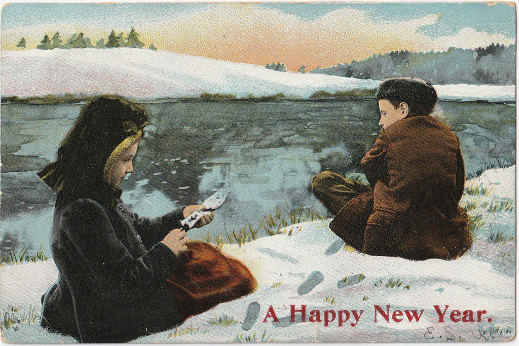 Happy New Year Ice Skaters Antique Postcard