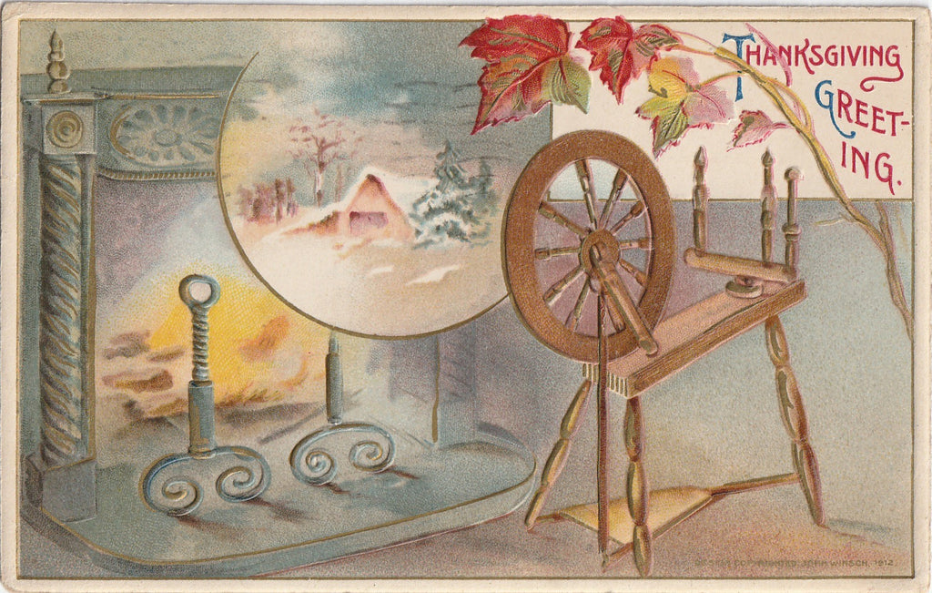 Hearthside Spinning Wheel - Thanksgiving - John Winsch Postcard