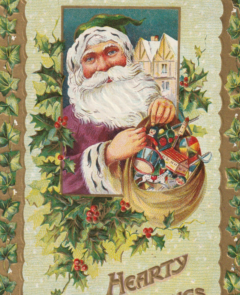 Hearty Greetings From Santa Antique Postcard Close Up