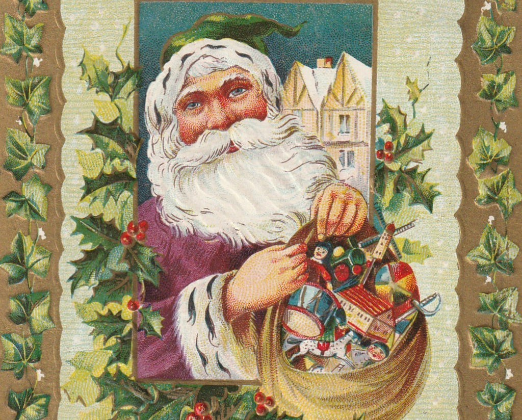 Hearty Greetings From Santa Antique Postcard Close Up 2