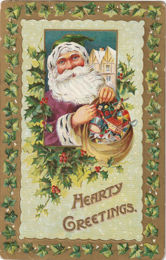 Hearty Greetings From Santa Antique Postcard