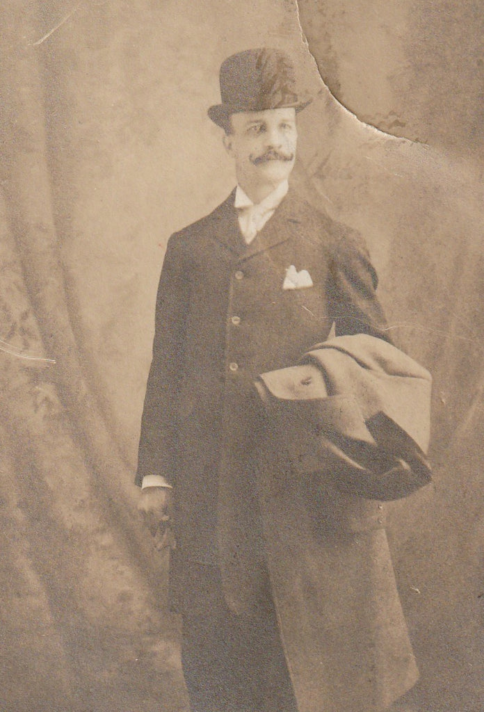 Hello Lou Bowler Hat Mustache Antique Photo RPPC Close Up 2