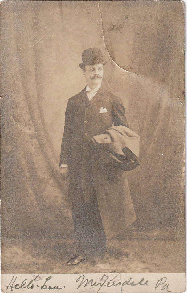Hello Lou Bowler Hat Mustache Antique Photo RPPC