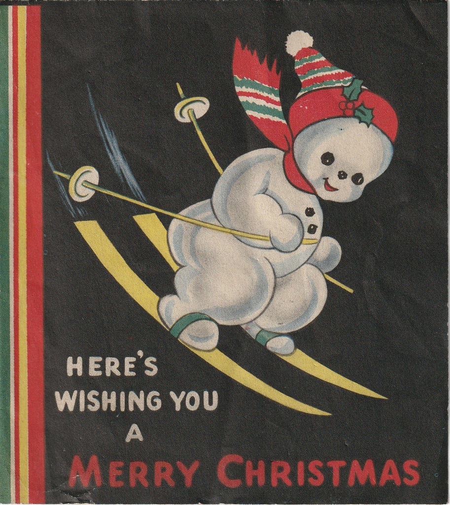 Here's Wishing You a Merry Christmas - Skiing Snowman - Card, c. 1940s