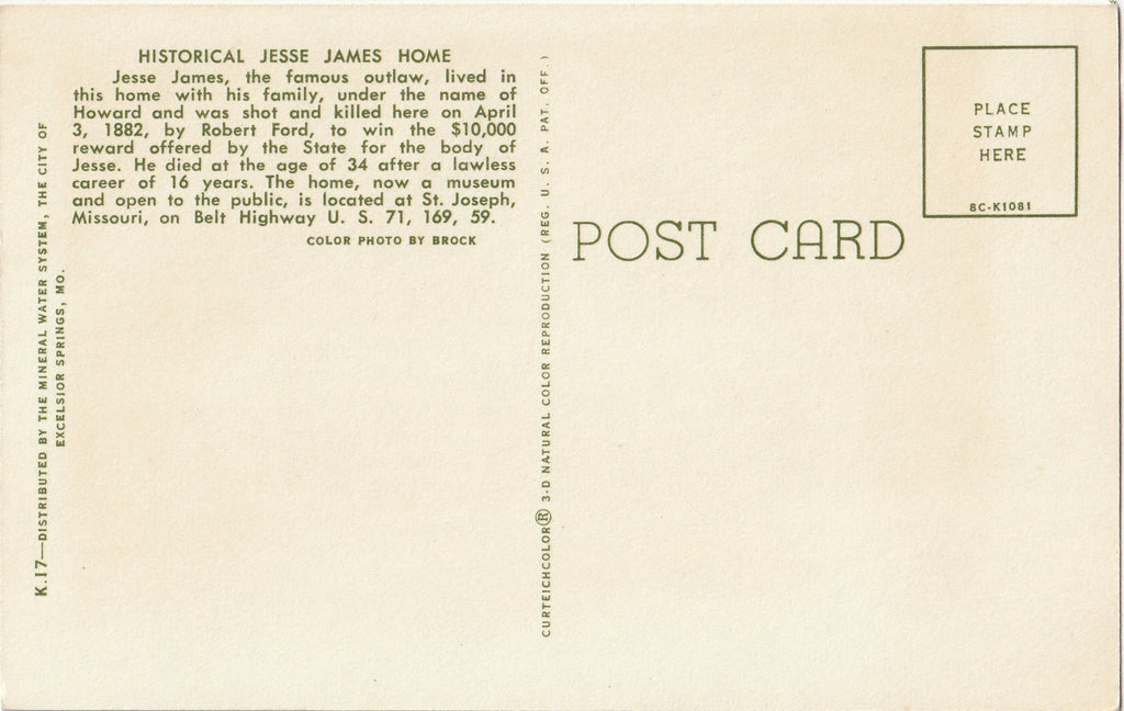 Historical Jesse James Home - St. Joseph, Missouri - Postcard, c. 1960s Back