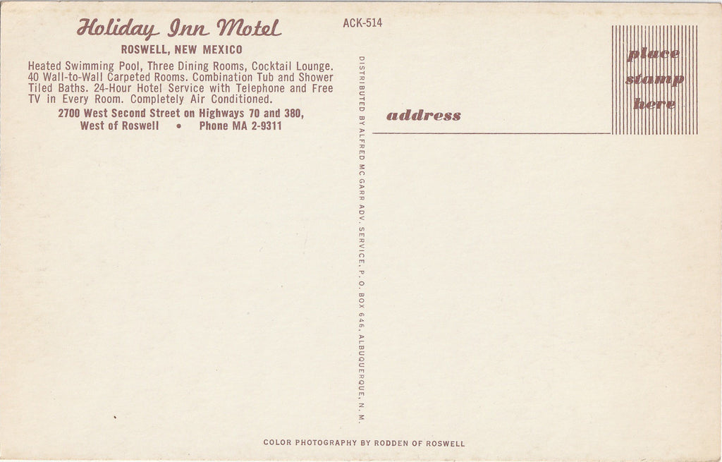 Holiday Inn Motel - Roswell, New Mexico - Chrome Postcard, c. 1950s Back
