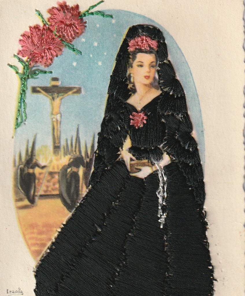 Holy Week Mantilla Embroidered Vintage Postcard Close Up