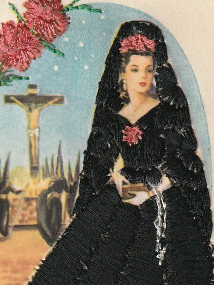 Holy Week Mantilla Embroidered Vintage Postcard Close Up 2