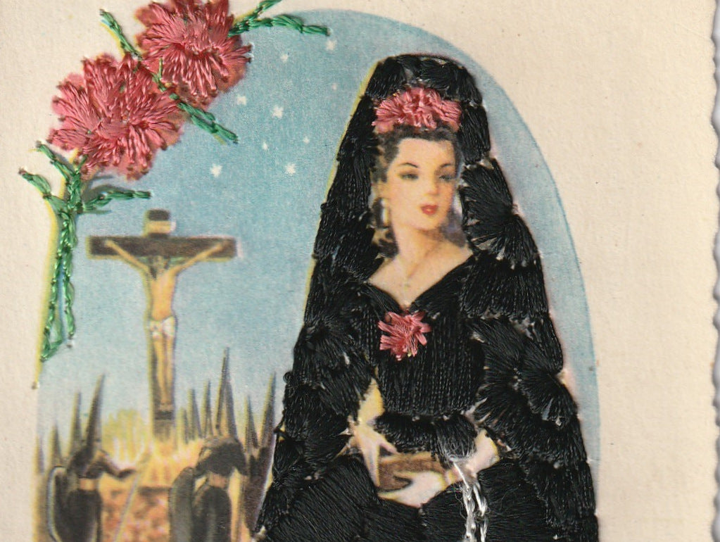 Holy Week Mantilla Embroidered Vintage Postcard Close Up 3
