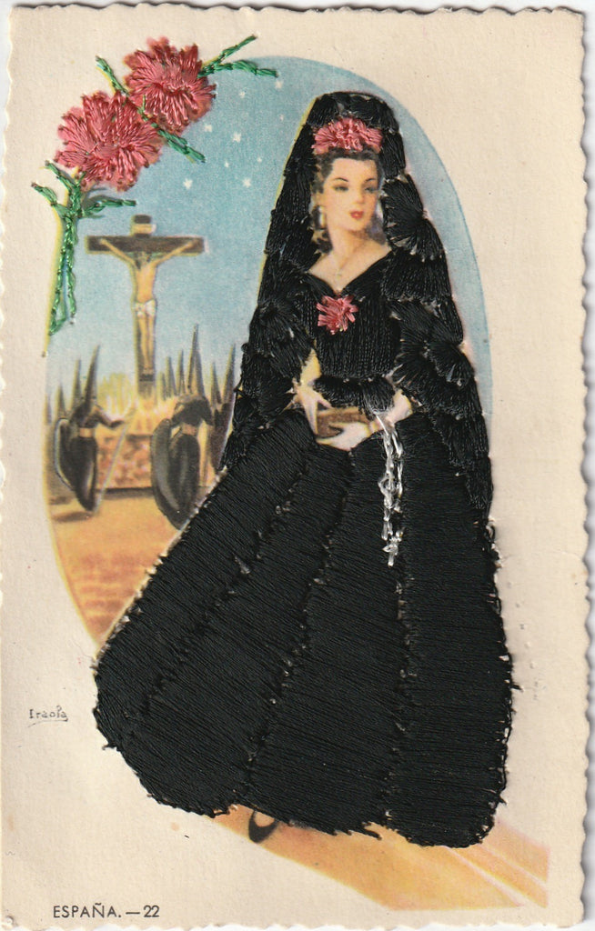 Holy Week Mantilla Embroidered Vintage Postcard