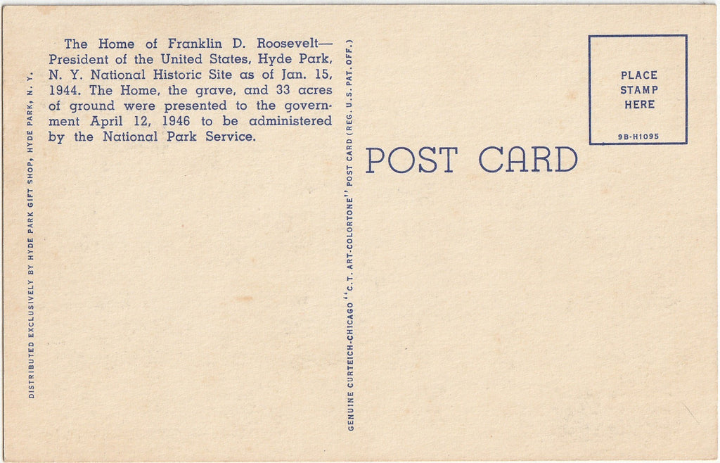 Home of Franklin D. Roosevelt - Hyde Park, NY - Postcard, c. 1940s Back