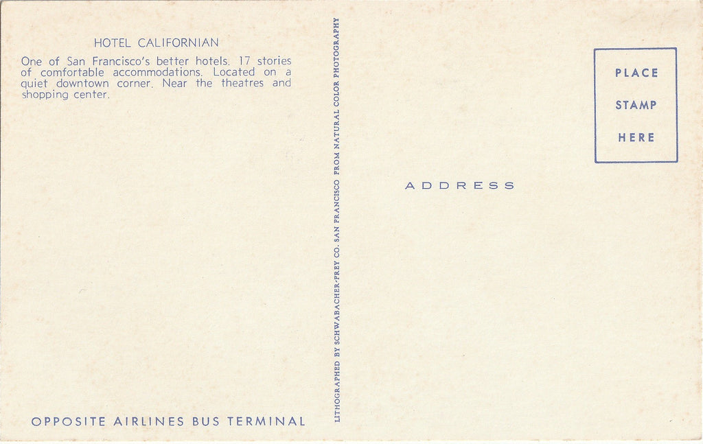 Hotel Californian - San Francisco, CA - Chrome Postcard, c. 1950s Back