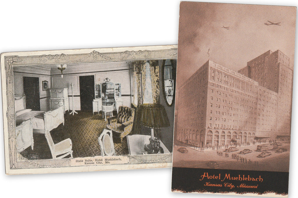 Hotel Muehlebach - Kansas City, Missouri - SET of 2 - Postcards, c. 1910s, 1940s