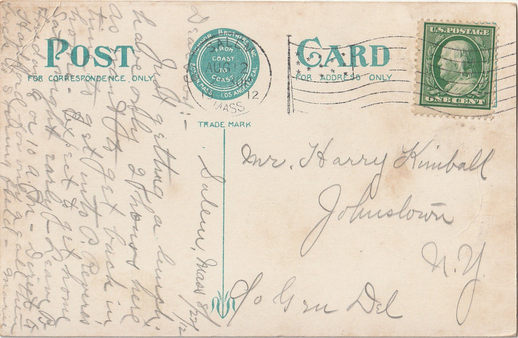House of the Seven Gables - Nathaniel Hawthorne - Salem, MA - Postcard, c. 1910s Back