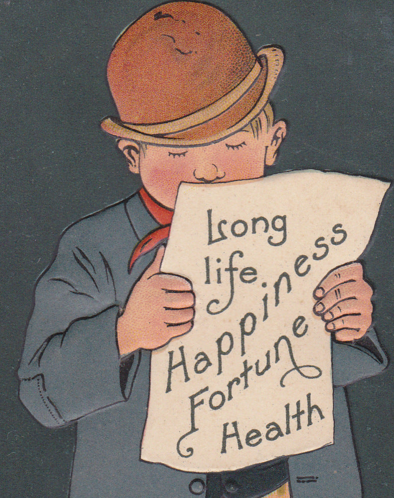 Long Life, Happiness, Fortune, Health- 1900s Antique Postcard- Edwardian- Embossed Greeting- Unused