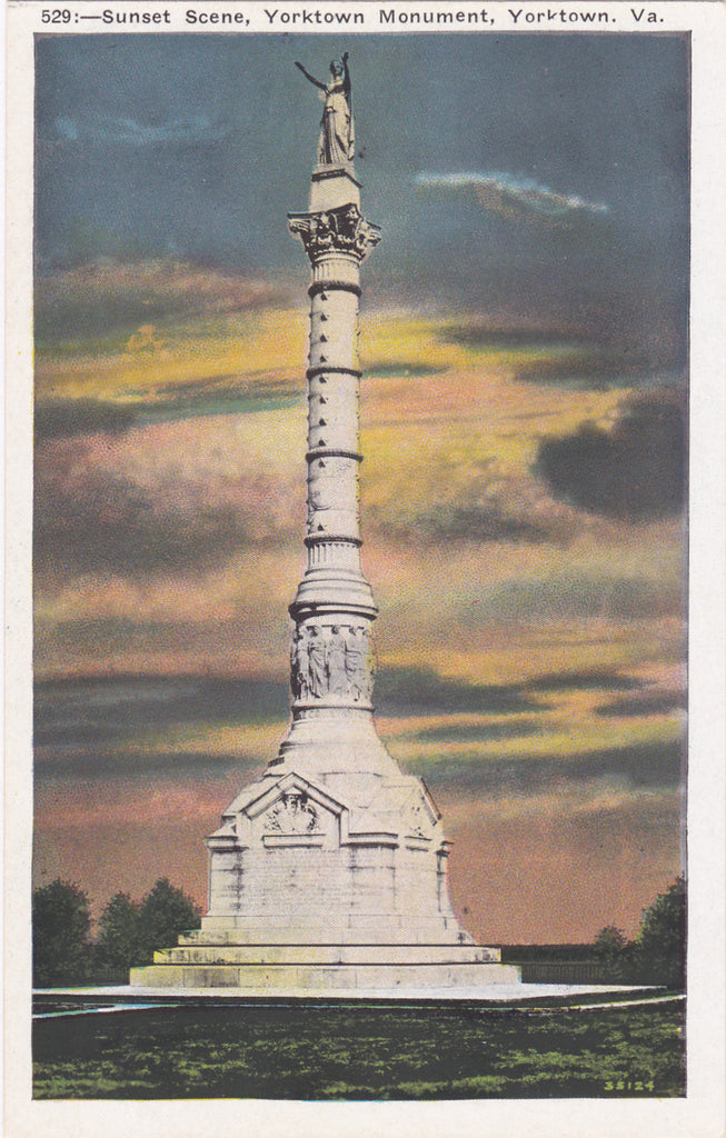 Yorktown Monument- 1920s Antique Postcard- Yorktown, Virginia- Sunset Scene- Memorial Statue- Unused