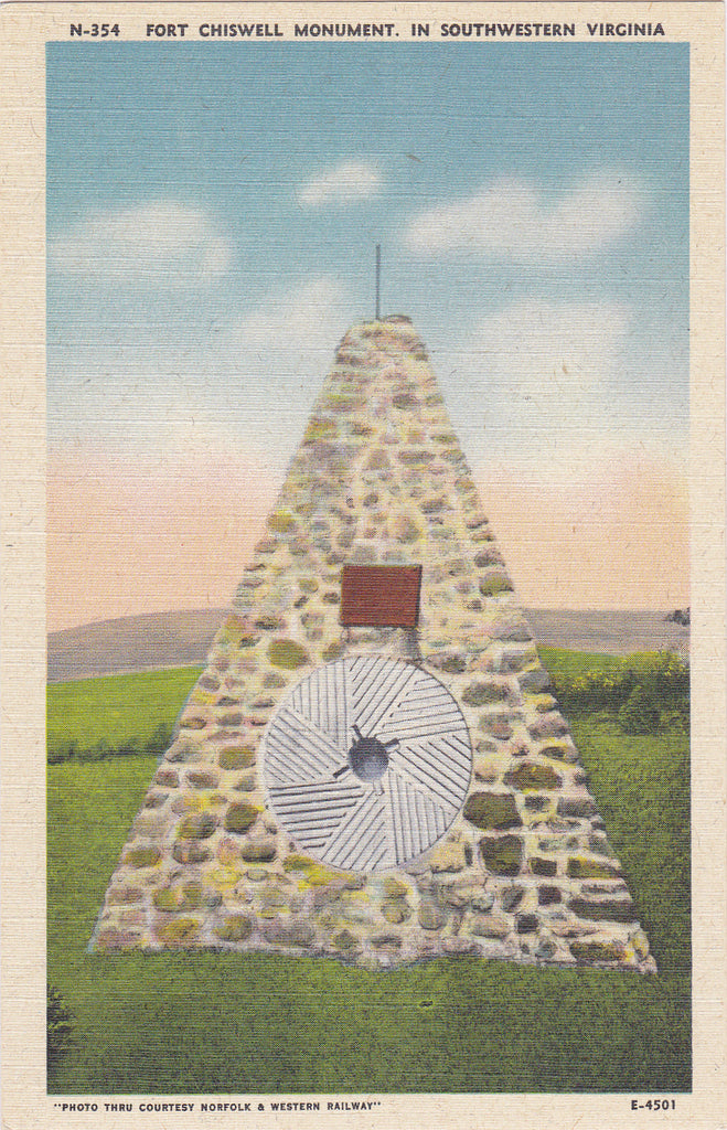 Fort Chiswell Monument- 1940s Vintage Postcard- Daniel Morgan- Southwestern Virginia- Historical Landmark-