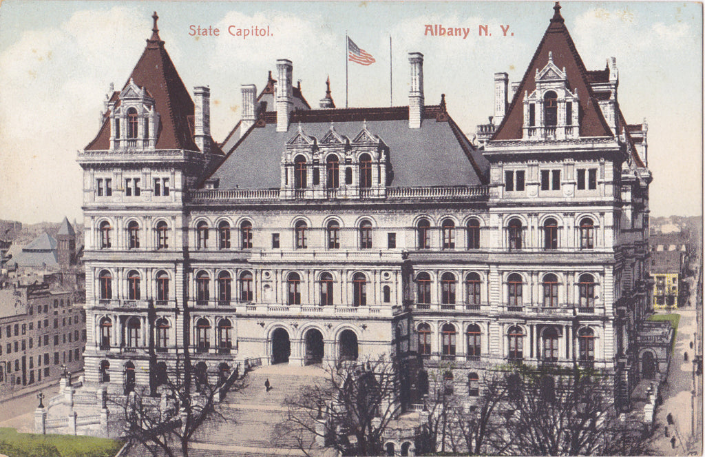 Albany, New York- 1910s Antique Postcards- SET of 2- State Capitol Building- Eagle Street Looking West- Edwardian