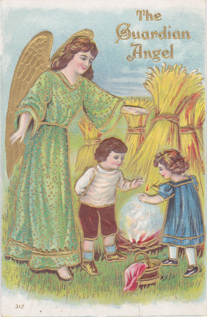 Playing with Matches- 1910s Antique Postcard- Guardian Angel- Edwardian Children- Embossed- Used