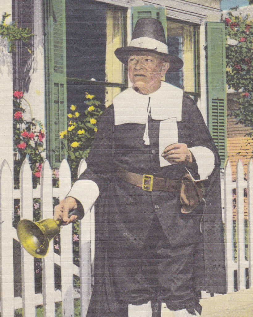 Town Crier- 1950s Vintage Postcard- Provincetown- Cape Cod, Mass- Massachusetts- Colonial Pilgrim- Costume- Tichnor Bros.