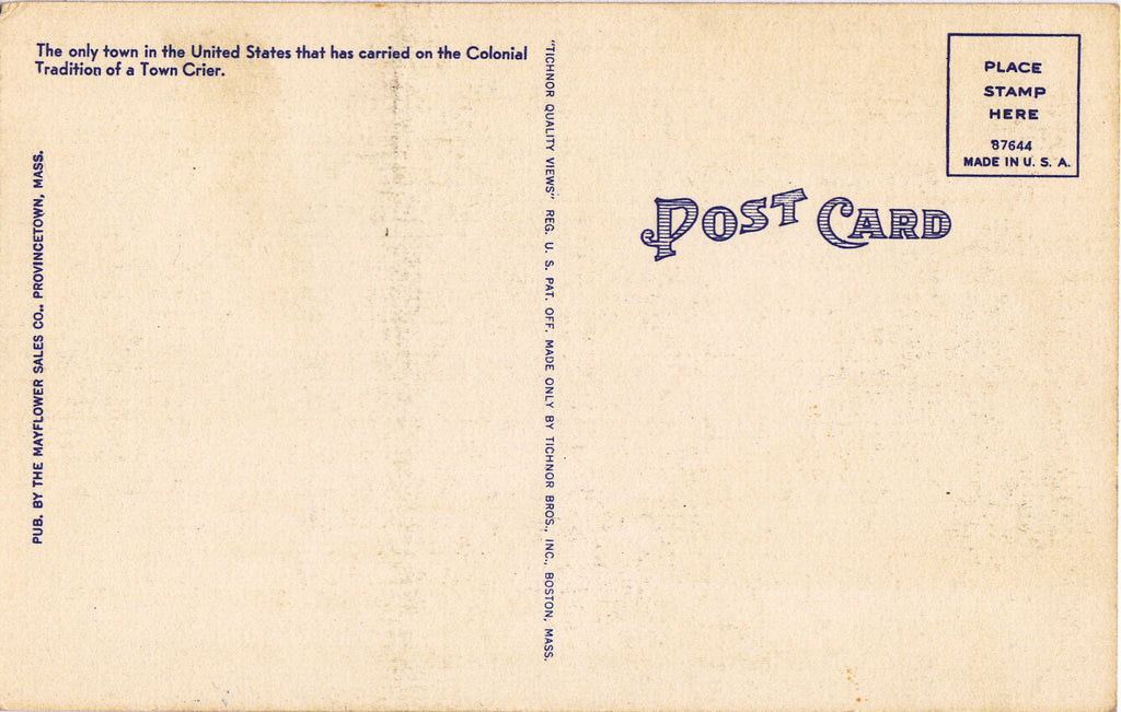 Town Crier- 1950s Vintage Postcard- Provincetown- Cape Cod, Mass- Massachusetts- Colonial Pilgrim- Costume- Tichnor Bros.