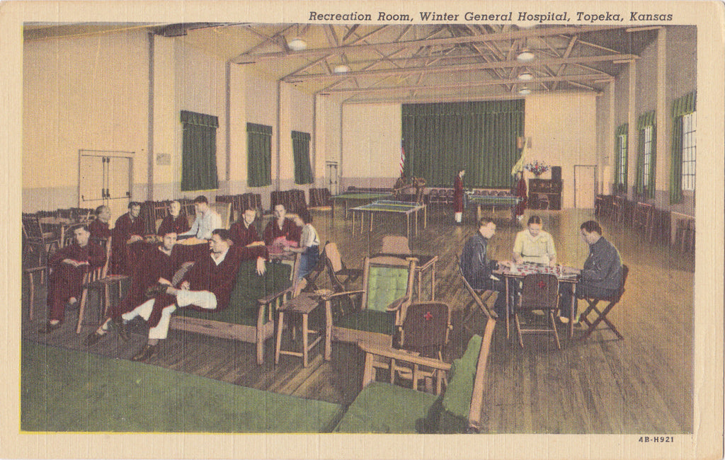 Recreation Room- 1930s Vintage Postcard- Winter General Hospital- Topeka, Kansas- Interior View- Unused