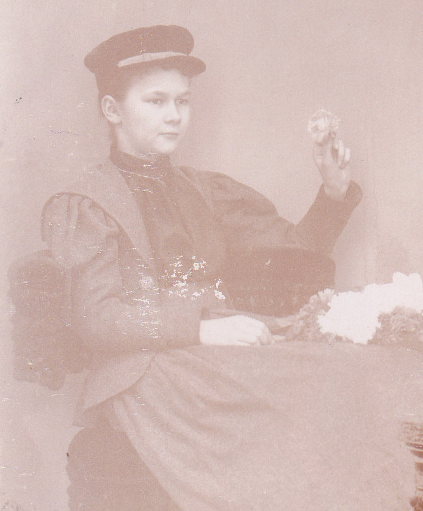 Sweet Memories- 1800s Antique Photograph- Victorian Girl- Memorial Portrait- Carnations- Cabinet Photo- Dannebrog, Nebraska- Mariner Hat