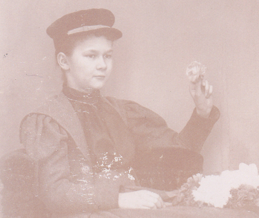 Sweet Memories- 1800s Antique Photograph- Victorian Girl- Memorial Portrait- Carnations- Cabinet Photo- Dannebrog, Nebraska- Mariner Hat