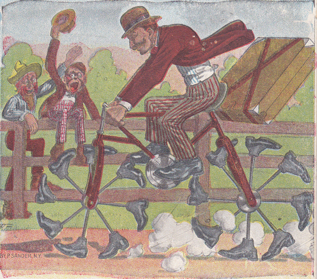 Making Tireless Efforts- 1900s Antique Postcard- Weird Bicycle- Edwardian Humor- Art Comic- P. Sander- Used