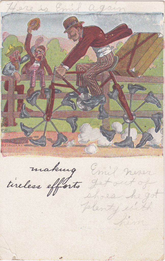 Making Tireless Efforts- 1900s Antique Postcard- Weird Bicycle- Edwardian Humor- Art Comic- P. Sander- Used