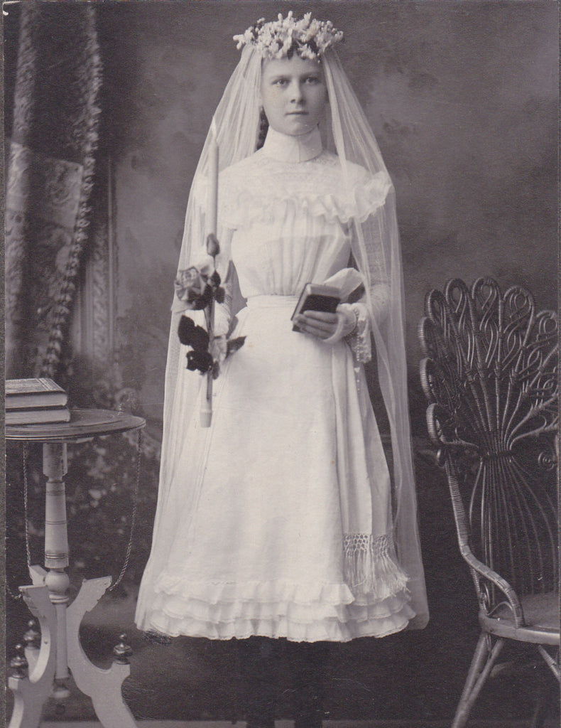 Virtuous Confirmation Girl- 1800s Antique Photograph- Victorian Catholic- Candle Flame- Cabinet Photo- Winona, Minn