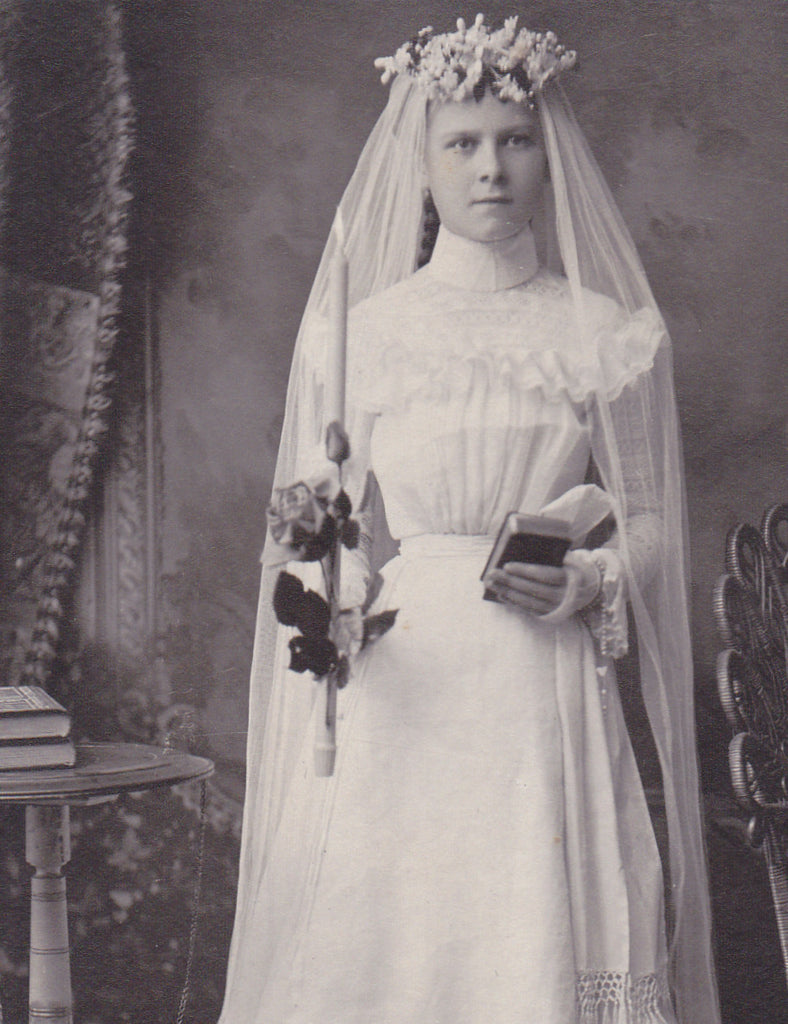 Virtuous Confirmation Girl- 1800s Antique Photograph- Victorian Catholic- Candle Flame- Cabinet Photo- Winona, Minn