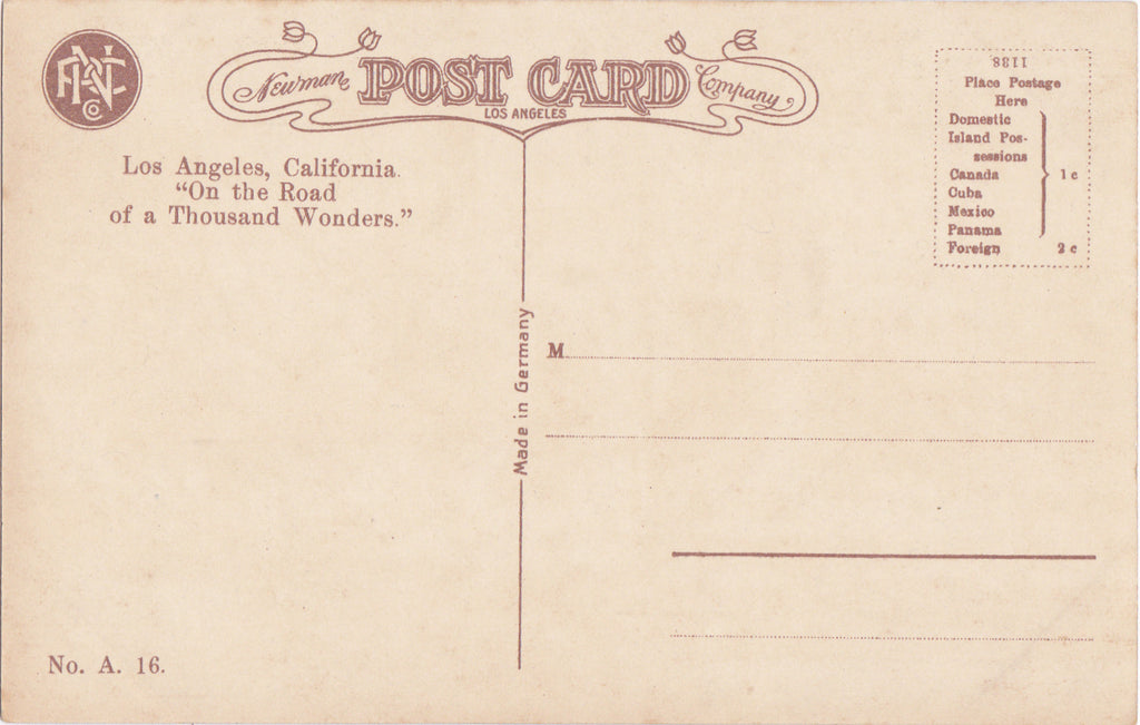 Central Park and Auditorium- 1900s Antique Postcard- L.A. Gentlemen- Los Angeles, California- Newman Co.- Unused