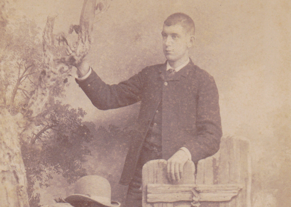 Gentleman at the Garden Gate- 1800s Antique Photograph- Victorian Man- Bowler Hat- Cabinet Photo- Muscatine, Iowa