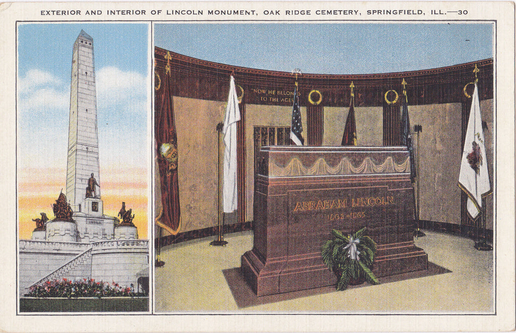 Lincoln Monument- 1930s Vintage Postcard- Oak Ridge Cemetery- Springfield, Illinois- Abraham Lincoln Memorial- Tomb- Unused