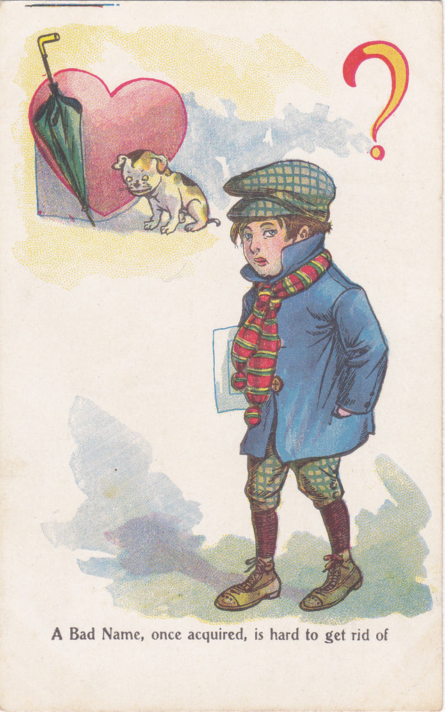 Bad Name in Love- 1900s Antique Postcard- Old Art Comic- Valentine Card- Edwardian Boy- Art Comic- Puppy Dog- Unused