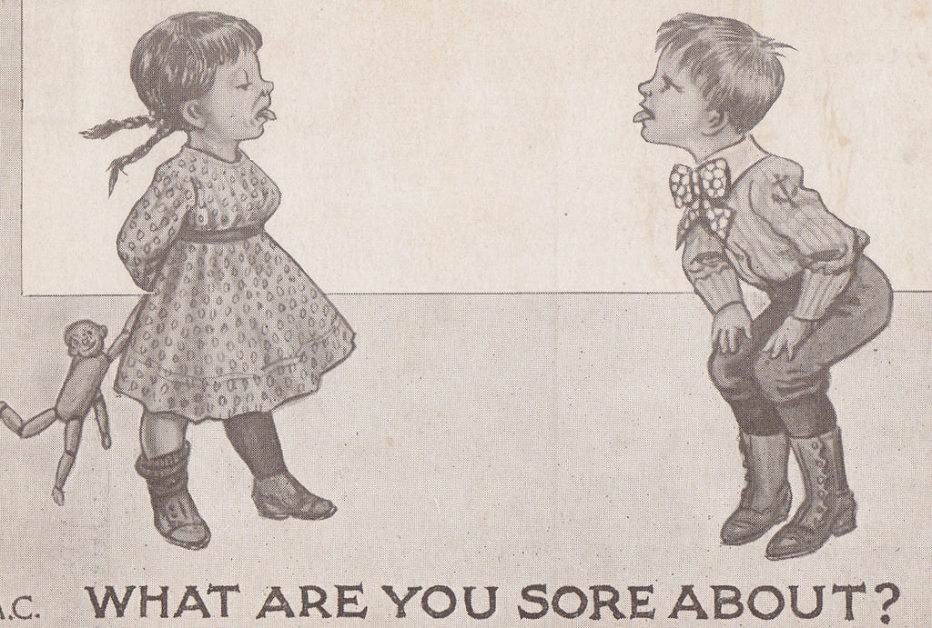 What Are You Sore About- 1910s Antique Postcard- Edwardian Children- Tongue Out- Artist Signed- Fazel Kids- Art Comic
