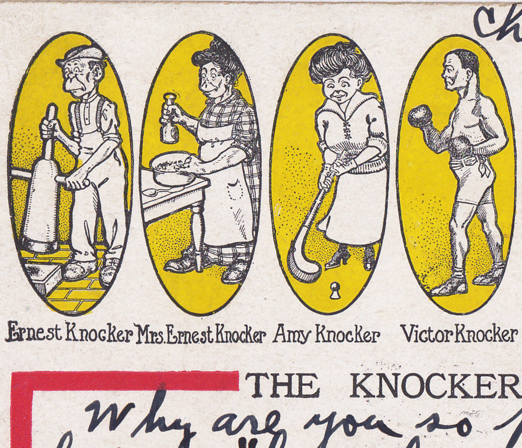 The Knocker Bunch- Caricature Family- Edwardian Humor- Chicago- Old Art Comic- J. F. Hirschman- 1900s Antique Postcard- Used